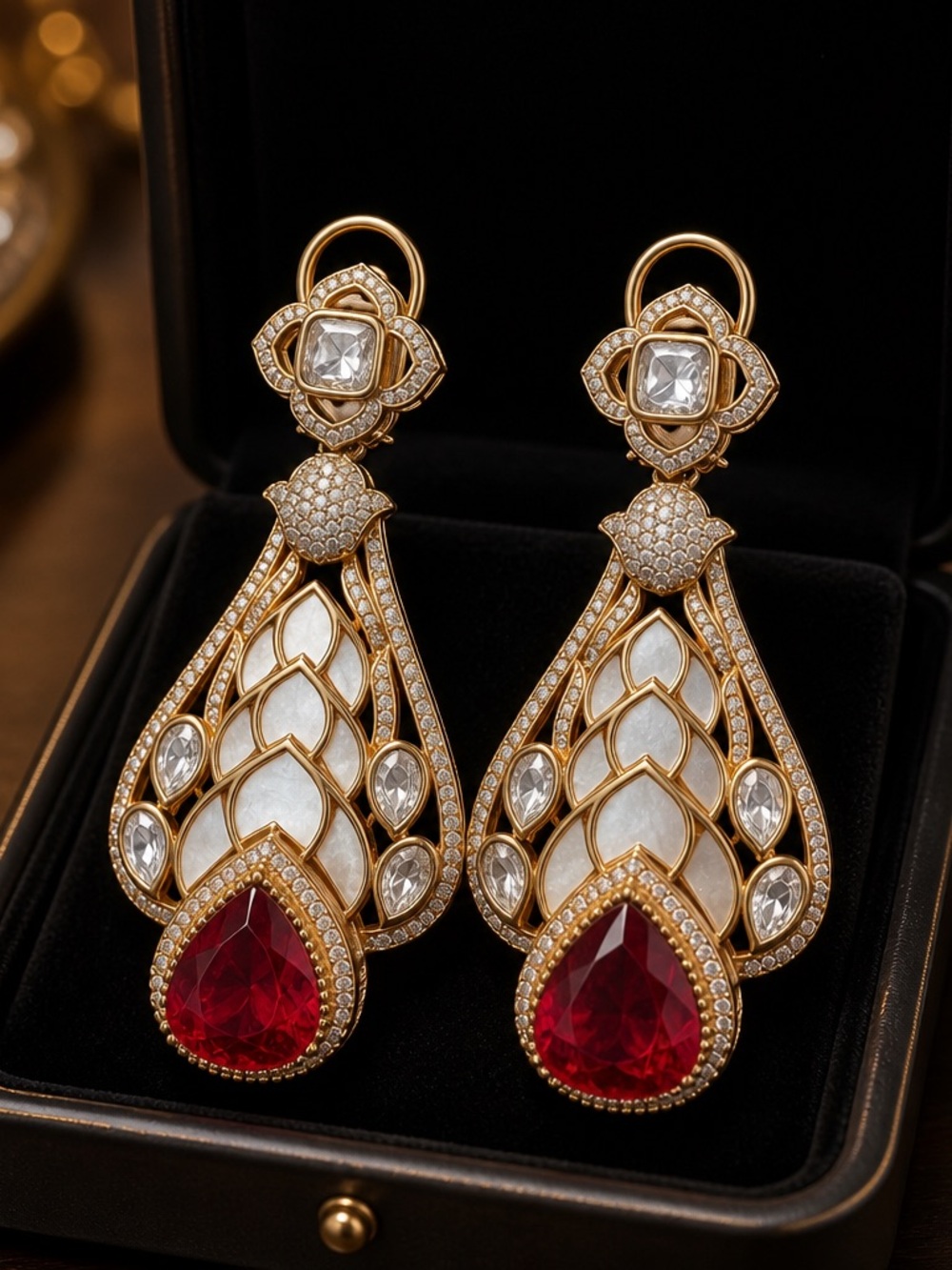 Gold-Tone Drop Earrings with Red Teardrop Stones and White Inlays
